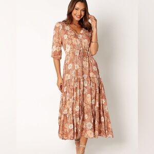 Neutral, floral, Petal and Pup midi dress.